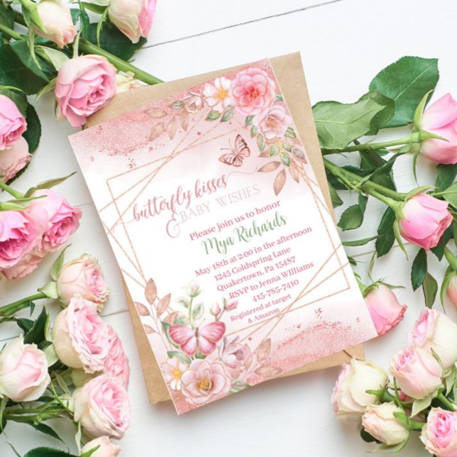 Rose gold glitter butterfly watercolor baby shower invitation (Creator Uploaded)