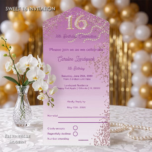 Rose Gold Glitter Calligraphy Number Sweet 16 All In One Invitation