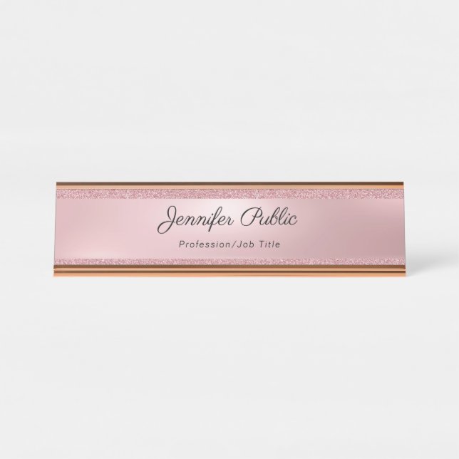 Rose Gold Glitter Calligraphy Text Elegant Modern Desk Name Plate (Front)