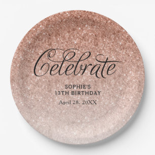 Rose Gold Glitter Celebrate Personalised Paper Plate