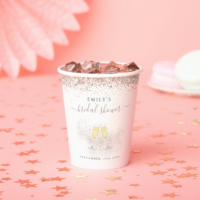 Rose Gold Glitter Champagne Name Bridal Shower Paper Cups (Insitu)