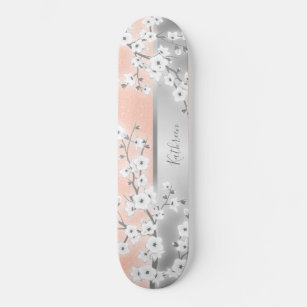 Rose Gold Glitter Cherry Blossom Monogram Girly Skateboard