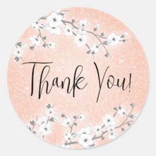 Rose Gold Glitter Cherry Blossom Thank You Classic Round Sticker
