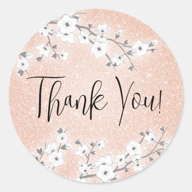 Rose Gold Glitter Cherry Blossom Thank You Classic Round Sticker (Front)