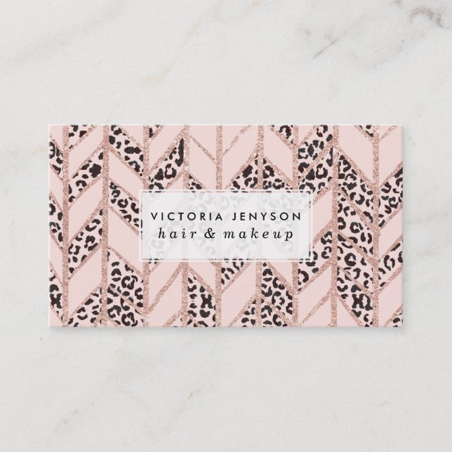 Rose gold glitter chevron herringbone blushleopard business card (Front)