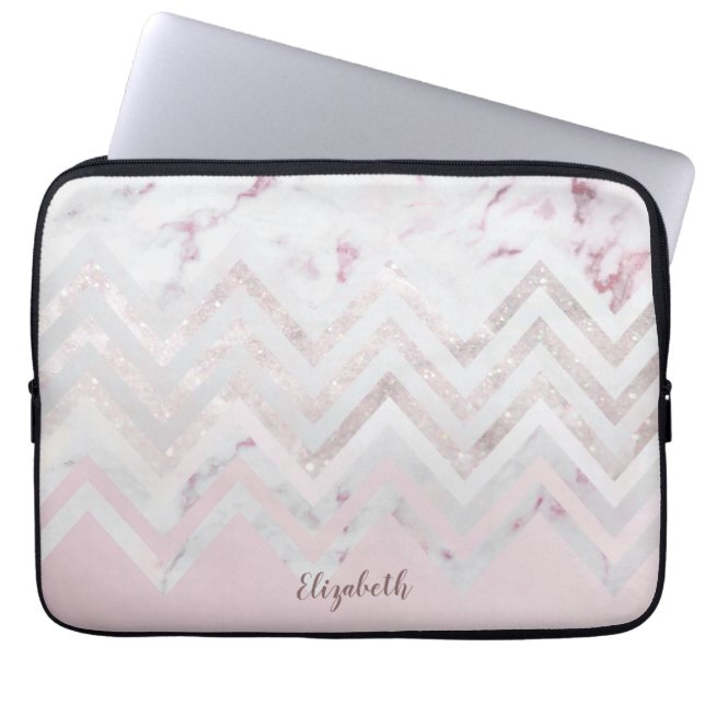 Rose gold glitter chevron pink marble monogram laptop sleeve (Front)