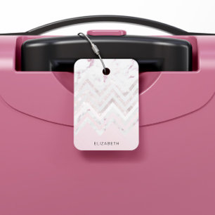 Rose Gold Glitter Chevron Pink Marble Monogram Luggage Tag