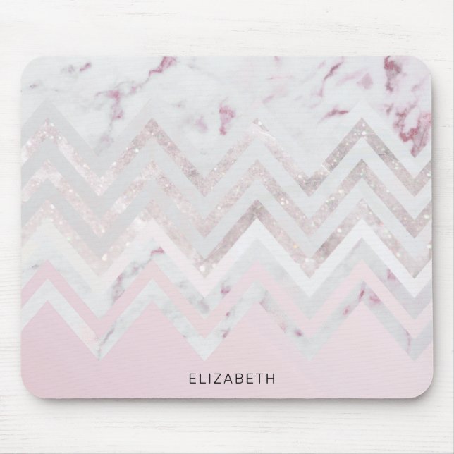 Rose gold glitter chevron pink marble monogram mouse mat (Front)