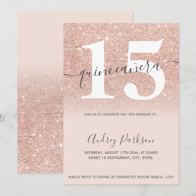 Rose gold glitter chic blush pink quinceanera invitation (Front/Back)