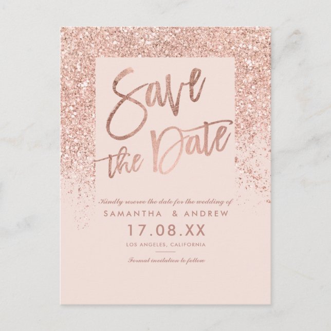 Rose gold glitter chic blush pink save the date announcement postcard (Front)