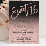 Rose gold glitter chic script black Sweet 16 photo Invitation<br><div class="desc">A modern,  chic and elegant rose gold glitter ombre sweet 16 birthday foil party invitation with a modern 16 typography with rose gold foil and sparkles glitter on an editable black background. Add your photo at the back. Perfect for the princess theme Sweet 16!</div>