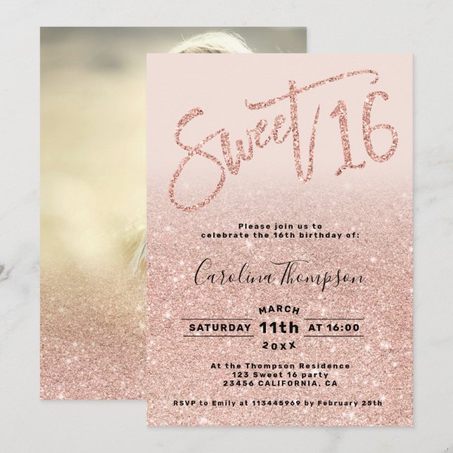 Rose gold glitter chic script blush Sweet 16 photo Invitation (Front/Back)