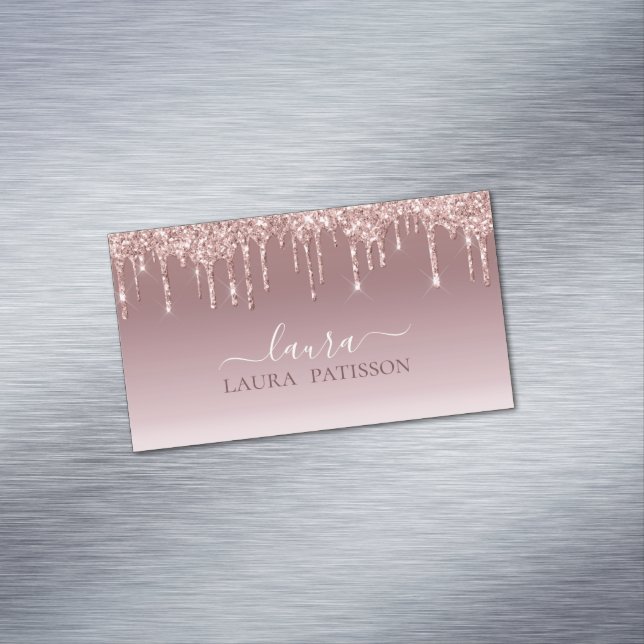 Rose Gold glitter chic script with monogram Busine Magnetic Business Card (In Situ)