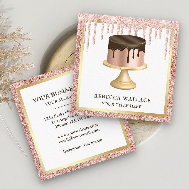 Rose Gold Glitter Chocolate Drips Cake Bakery Square Business Card (Creator Uploaded)