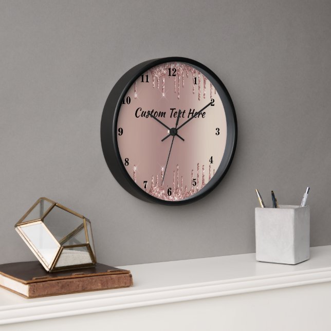 Rose Gold Glitter Clock Personalised Text (Office)