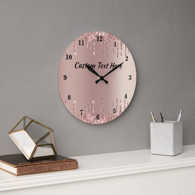Rose Gold Glitter Clock with Custom Text Name (Office)