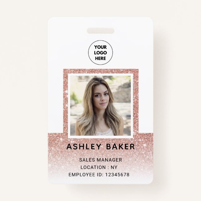 Rose Gold Glitter Company Security ID Photo Name  ID Badge (Front)
