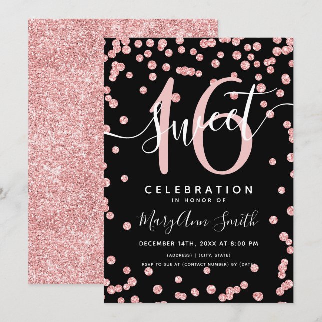 Rose Gold Glitter Confetti 16th Birthday Black  Invitation (Front/Back)