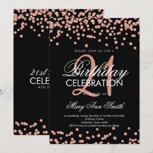 Rose Gold Glitter Confetti 21st Birthday Black Invitation