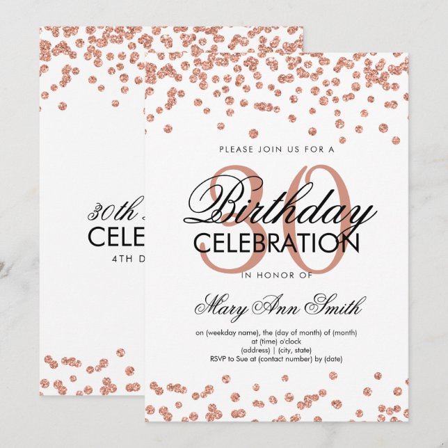 Rose Gold Glitter Confetti 30th Birthday White Invitation (Front/Back)