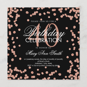 Rose Gold Glitter Confetti 40th Birthday Black Invitation