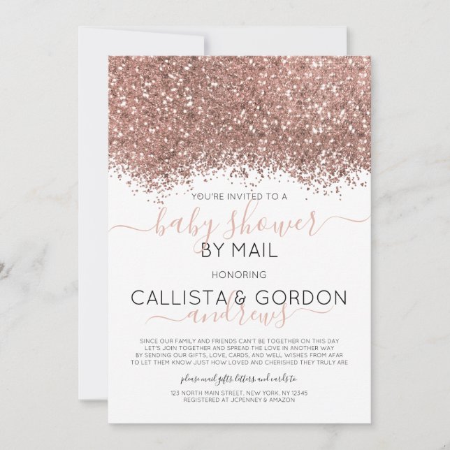 Rose Gold Glitter Confetti Baby Shower by Mail Invitation (Front)