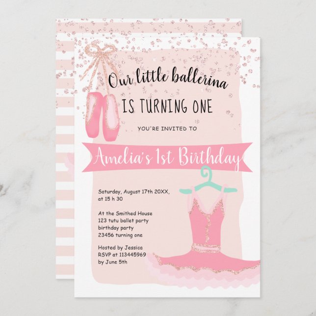 Rose Gold glitter confetti ballerina 1st birthday Invitation (Front/Back)
