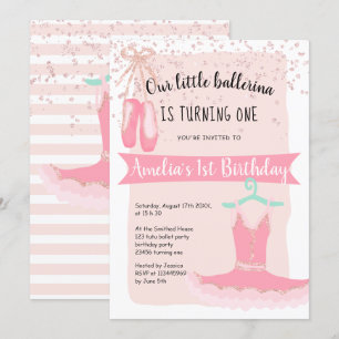 Rose Gold glitter confetti ballerina 1st birthday Invitation