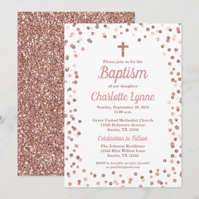 Rose Gold Glitter Confetti Baptism Invitation (Front/Back)