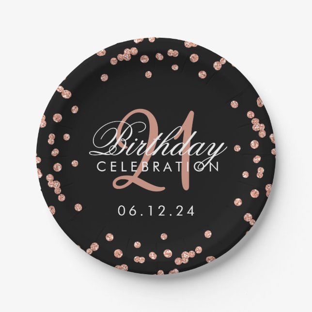 Rose Gold Glitter Confetti Black 21st Birthday Paper Plate (Front)