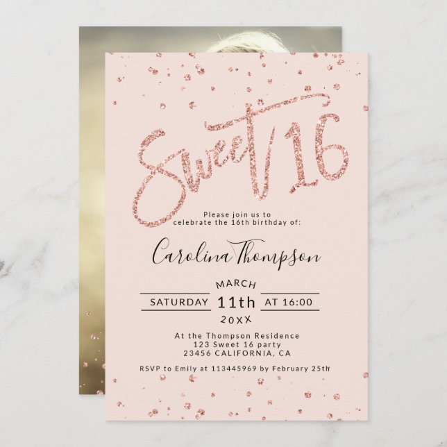 Rose gold glitter confetti blush Sweet 16 photo Invitation (Front/Back)