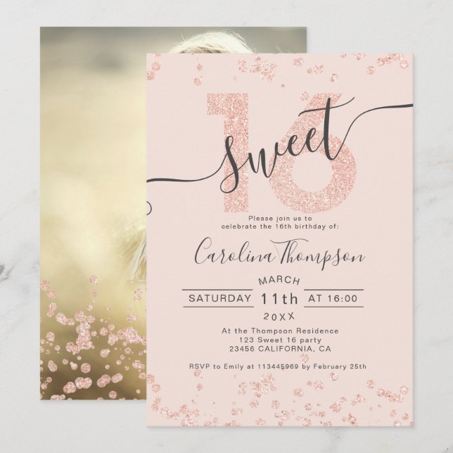 Rose gold glitter confetti blush Sweet 16 photo Invitation (Front/Back)