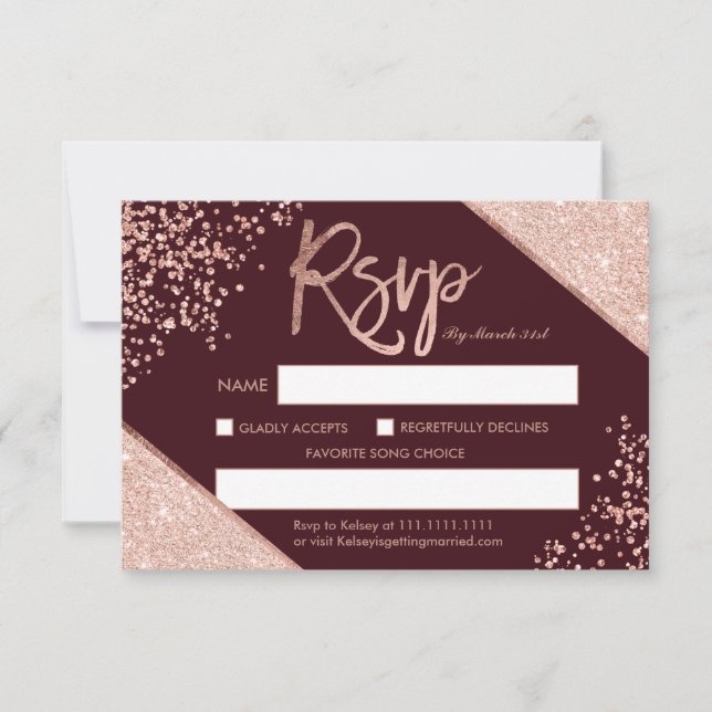 Rose gold glitter confetti burgundy rsvp wedding invitation (Front)
