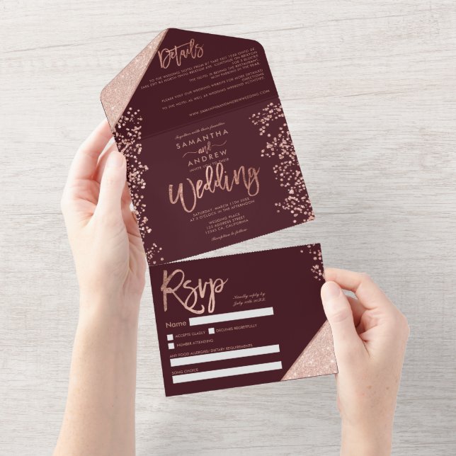 Rose gold glitter confetti burgundy wedding all in one invitation (Tearaway)