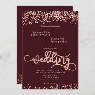 Rose gold glitter confetti burgundy wedding photo invitation