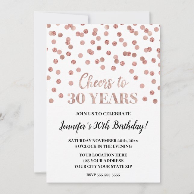 Rose Gold Glitter Confetti Cheers to 30 Years Invitation (Back)