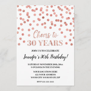 Rose Gold Glitter Confetti Cheers to 30 Years Invitation