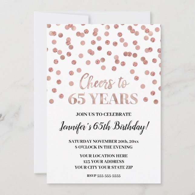 Rose Gold Glitter Confetti Cheers to 65 Years Invitation (Back)