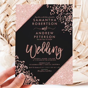 Rose gold glitter confetti chic black wedding invitation