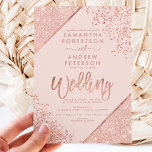 Rose gold glitter confetti chic blush pink wedding invitation<br><div class="desc">Rose Gold glitter confetti and colour block typography on customisable pastel blush pink and faux rose gold geometric stripes chic wedding ,  perfect for elegant,  luxurious wedding, </div>