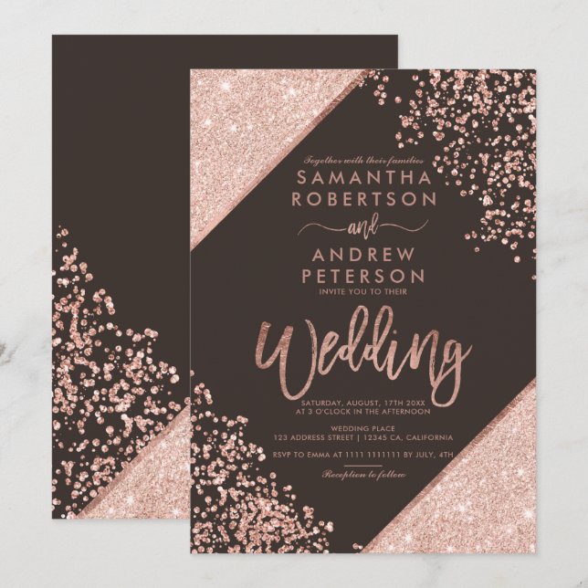 Rose gold glitter confetti chic brown wedding invitation (Front/Back)