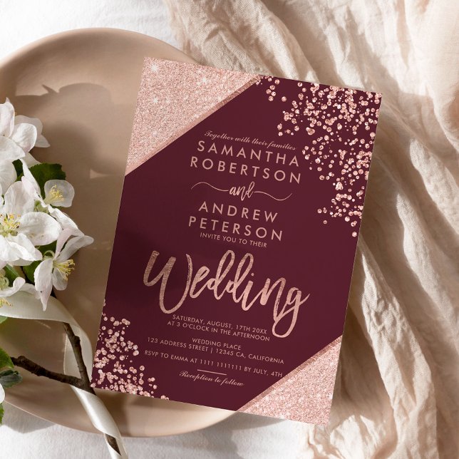 Rose gold glitter confetti chic burgundy wedding invitation (Creator Uploaded)