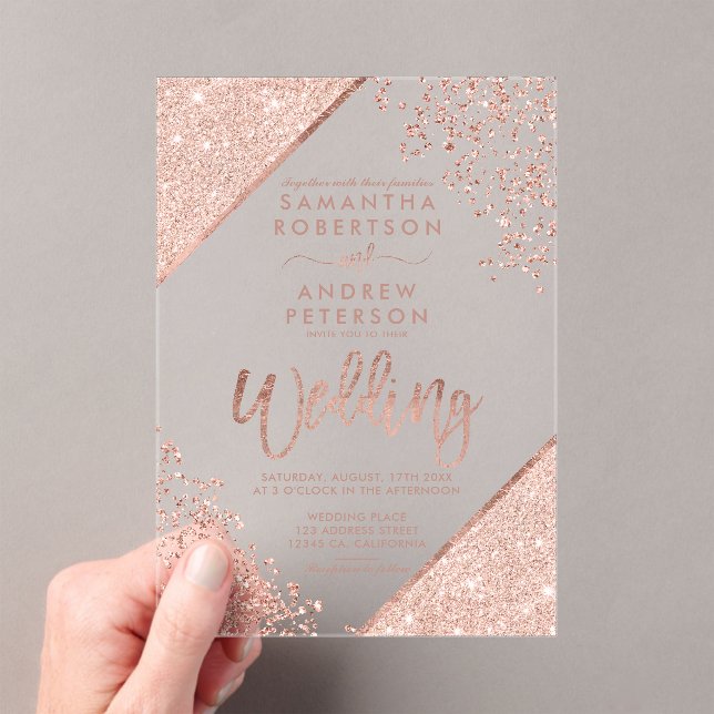 Rose gold glitter confetti Chic clear wedding Acrylic Invitations (Insitu (Handheld))