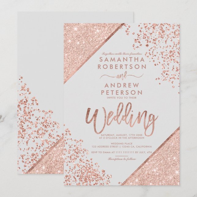 Rose gold glitter confetti chic grey wedding invitation (Front/Back)