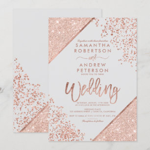 Rose gold glitter confetti chic grey wedding invitation