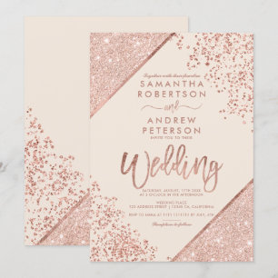 Rose gold glitter confetti chic ivory wedding invitation