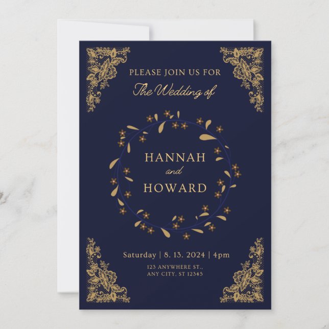  Rose gold glitter confetti chic navy blue wedding Invitation (Front)