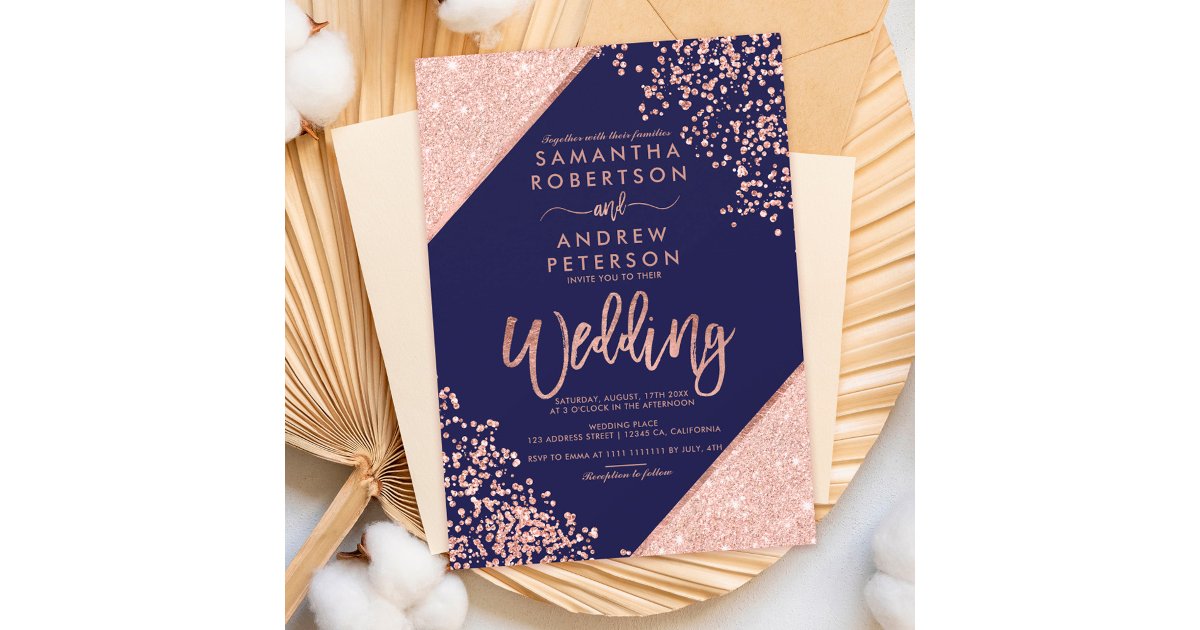 Rose gold glitter confetti chic navy blue wedding invitation | Zazzle