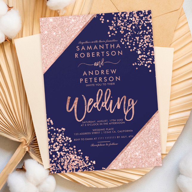 Rose gold glitter confetti chic navy blue wedding invitation (Creator Uploaded)