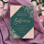 Rose gold glitter confetti emerald green Sweet 16 Invitation<br><div class="desc">Rose Gold glitter confetti and colour block typography on customisable emerald green and faux rose gold geometric stripes chic Sweet 16 birthday party invite ,  perfect for elegant,  luxurious Sixteeñera, </div>